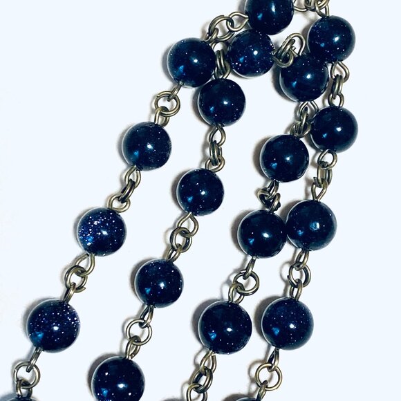 Dark Blue Goldstone Bronze Link Adjustable Short Necklace + Round Mushroom Charm - Picture 7 of 15